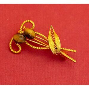 Vintage Elegant Beautiful Spiral Ribbon Tiger's Eye Brooch - F35